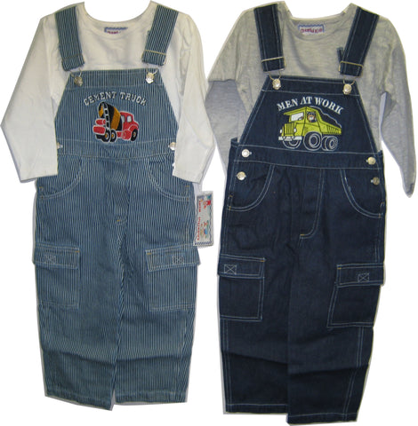 SKU: 102E Cheerful Kids Boys 2T/3T/4T Indigo Denim / Stripe Denim Embroidery Overall 2-PC Set