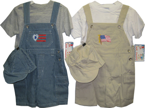 SKU: 1106-BB Toddler Boys Sizes 2T/3T/4T Khaki Twill/Stripe Denim Shortall 2-PC Sets with Cap. Prepack : 24 Sets Assorted Sizes / Colors