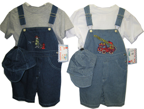 SKU: 126001-BB Toddler Boys Sizes 2T/3T/4T Indigo Denim/Stripe Denim Shortall 2-PC Sets with Cap (Prepack 24 Sets Assorted Colors/Sizes)