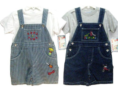 SKU: 126002 Toddler Boys Sizes 2T/3T/4T Indigo Denim/Stripe Denim Shortall 2-PC Sets with Cap