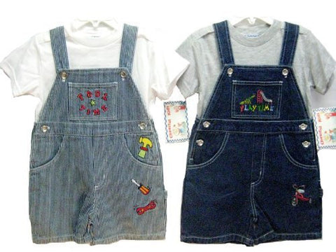 SKU: 126002 Toddler Boys Sizes 2T/3T/4T Indigo Denim/Stripe Denim Shortall 2-PC Sets with Cap