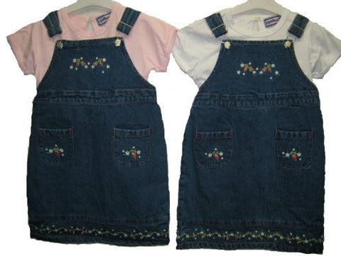SKU: 95910-BB Girls's Sizes 2T/3T/4T/5T Denim Embroidered Jumper Dress 2-PC Sets, (Prepack=24 Sets, Wholesales B2B)