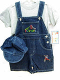 SKU: 126002 Toddler Boys Sizes 2T/3T/4T Indigo Denim/Stripe Denim Shortall 2-PC Sets with Cap